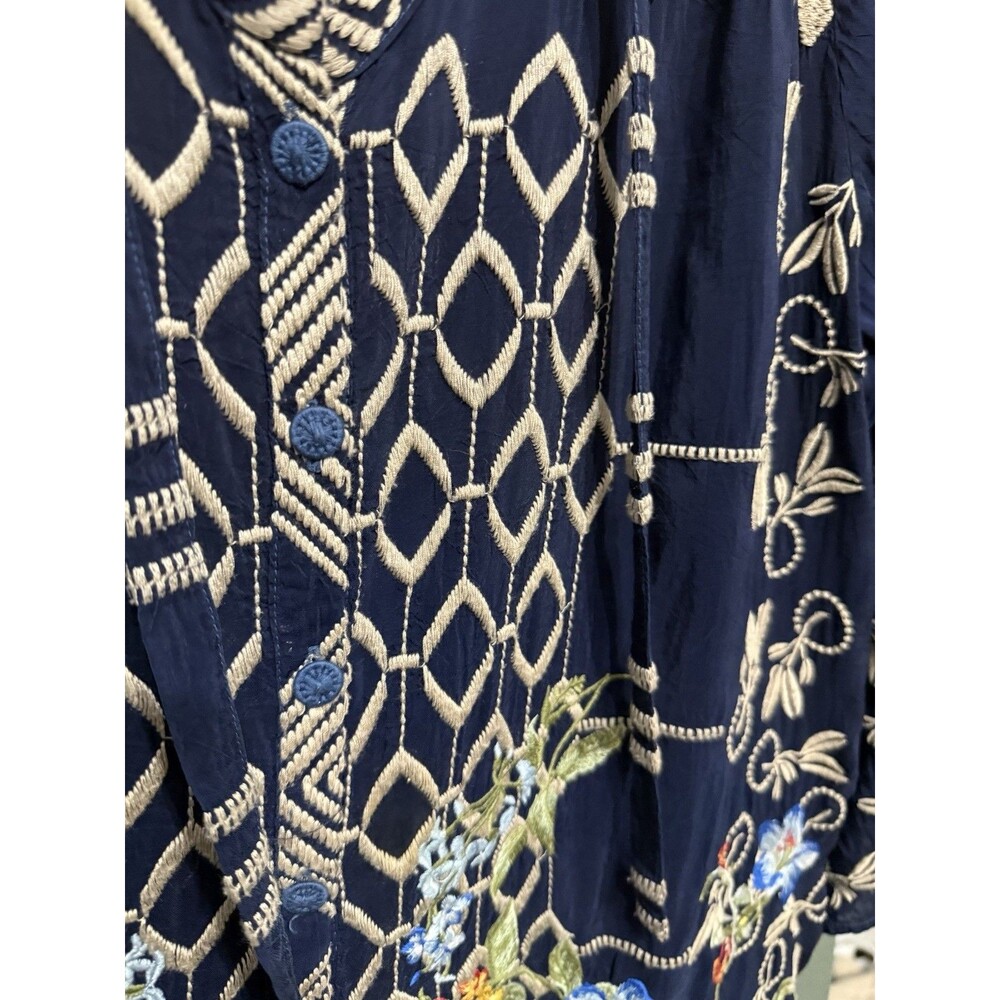 Johnny Was Luca Multi Embroidered Long Sleeve Button Front Tunic Blouse Women L - Picture 4 of 9